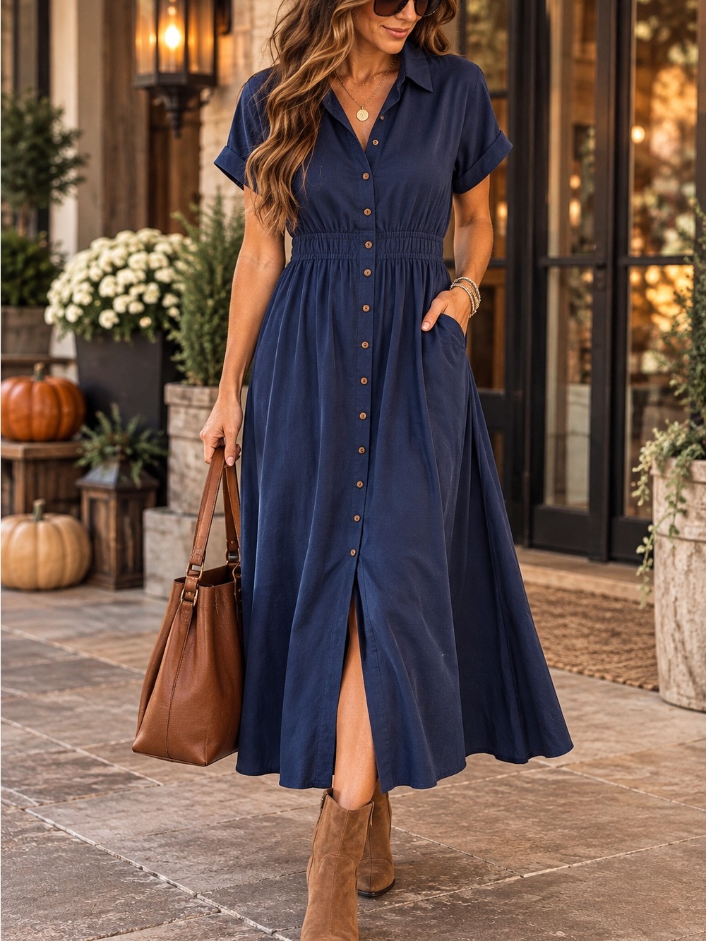 CIDER Navy Blue Linen Blend Midi Shirt Dress L Button Front effortless Fall